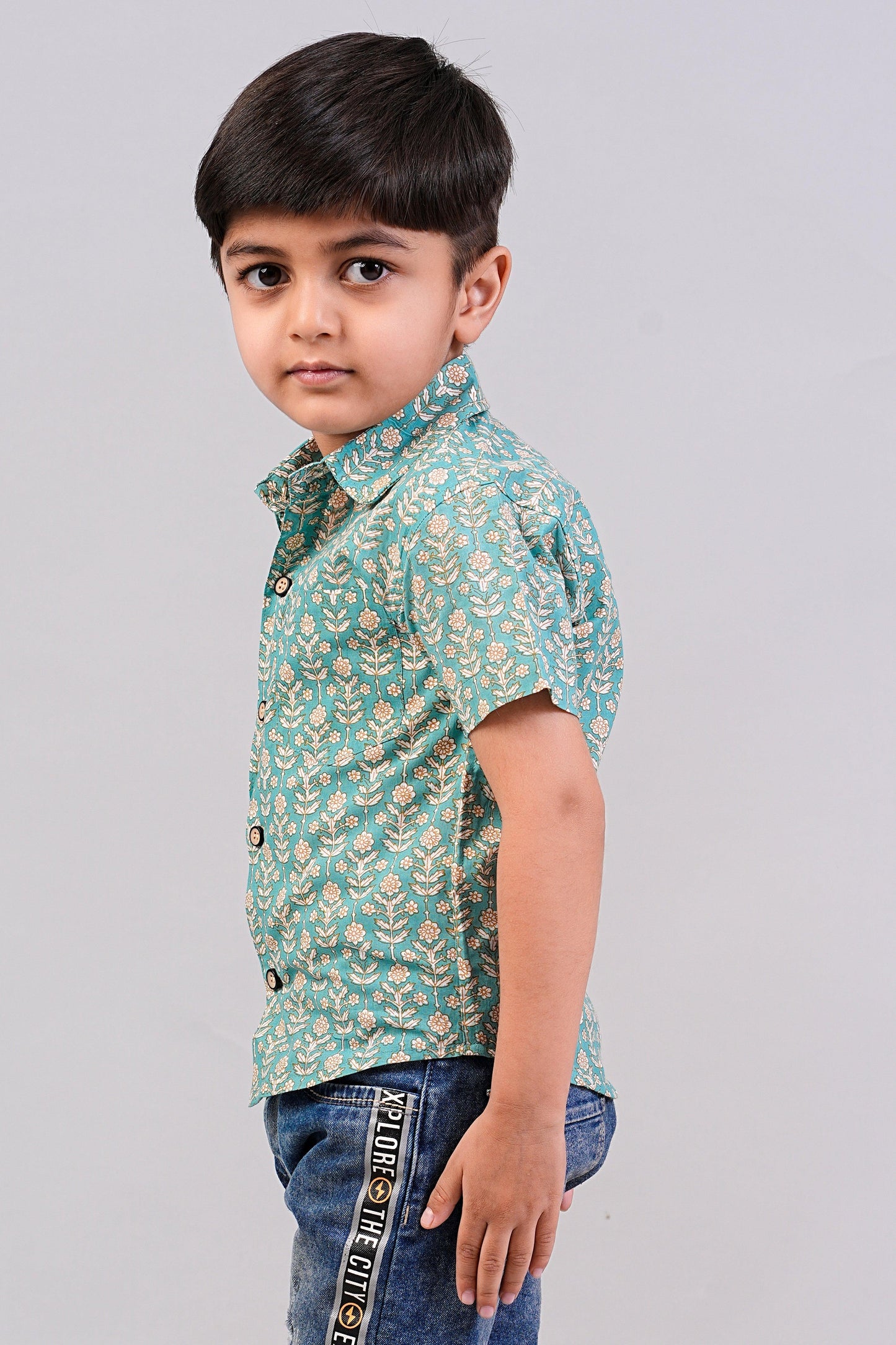 Boy's Sage-Green Floral Printed Half-Sleeves Shirts