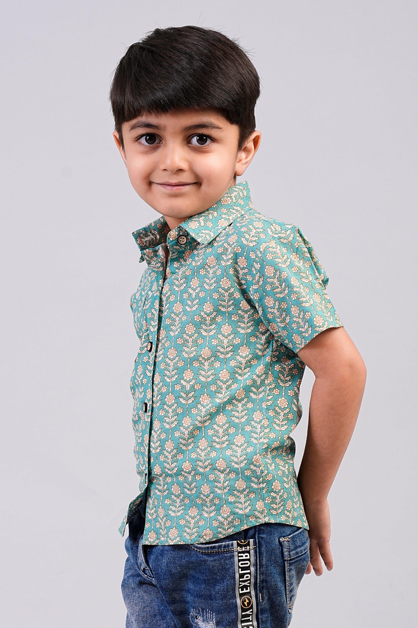 Boy's Sage-Green Floral Printed Half-Sleeves Shirts