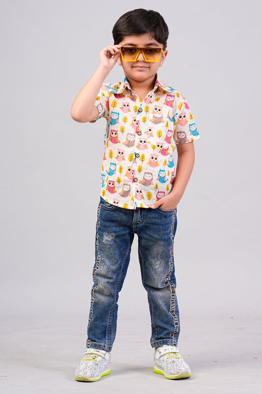 Boy's Ethnic Owl Printed Half-Sleeves Shirts