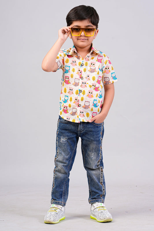 Boy's Ethnic Owl Printed Half-Sleeves Shirts