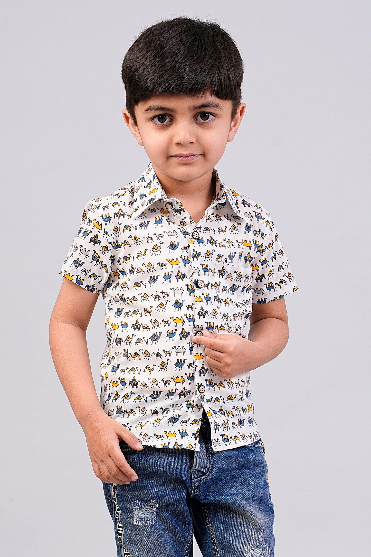 Boy's Ethnic Camel Printed Half-Sleeves Shirts