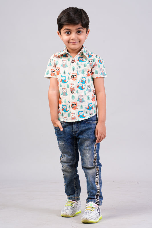 Boy's Ethnic Multi Color Owl Printed Half-Sleeves Shirts
