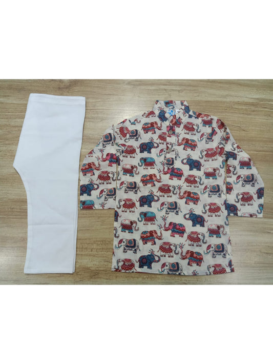 Boy's Printed Elephant Full-Sleeves Kurta & Pyjama Set