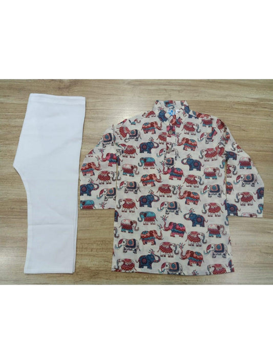 Boy's Printed Elephant Full-Sleeves Kurta & Pyjama Set